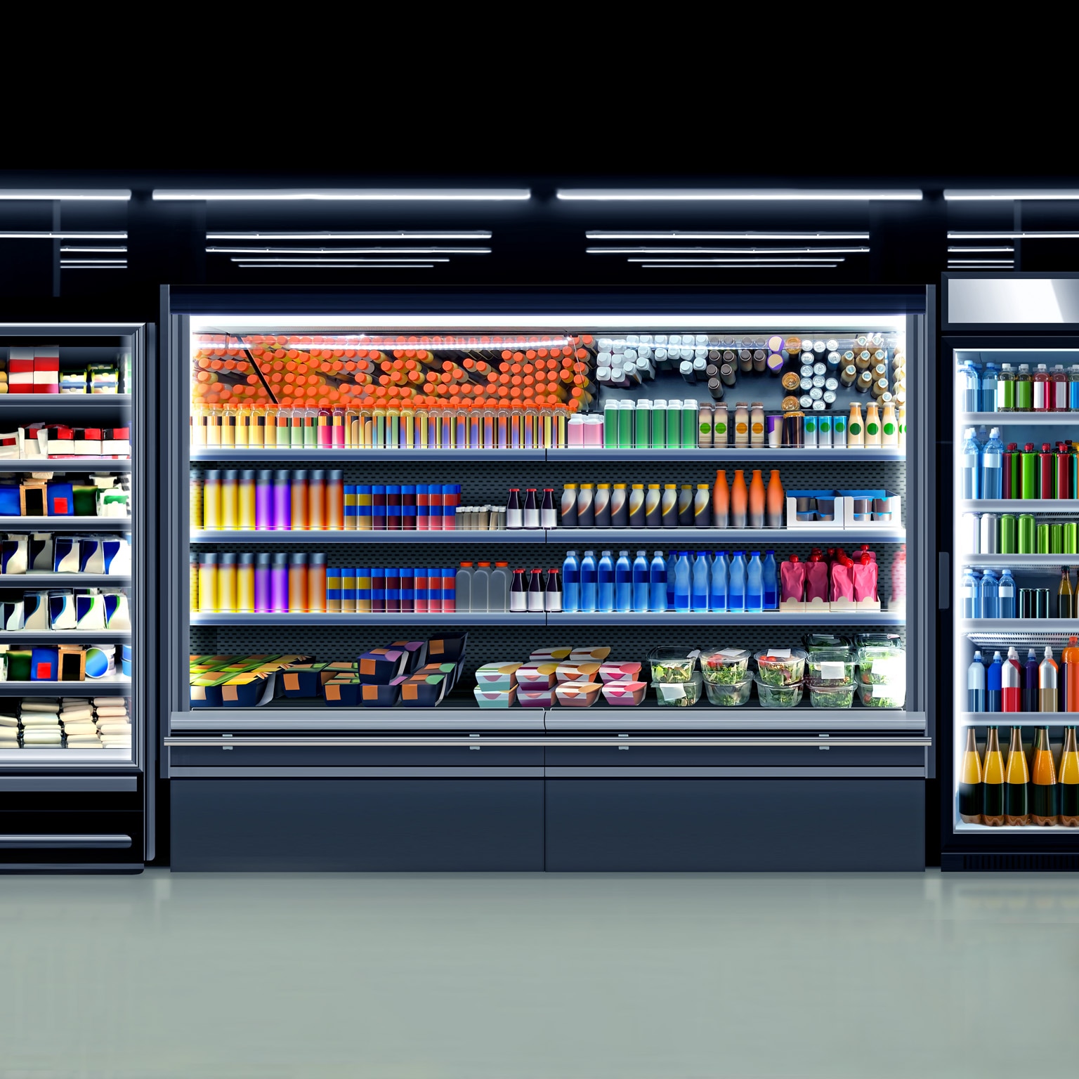 Open refrigerator in a supermarket showcase brandless packagings and bottles of juice, coffee, energy drinks, water, smoothies, salad, puree, and diverse food items. 