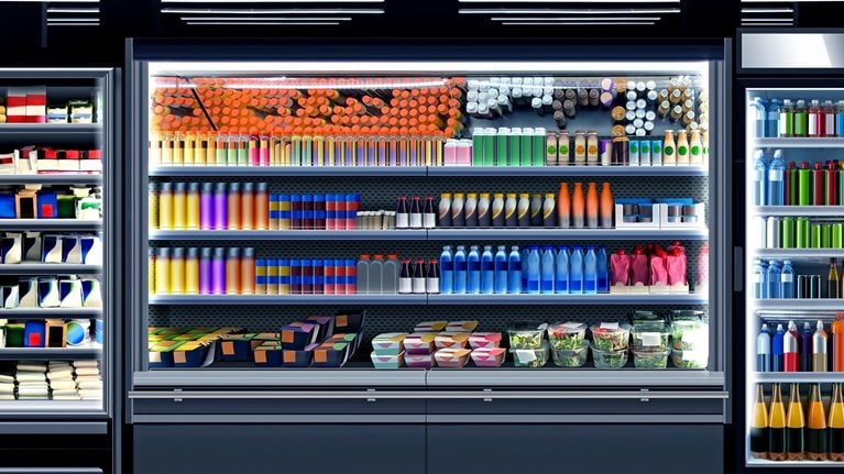 Open refrigerator in a supermarket showcase brandless packagings and bottles of juice, coffee, energy drinks, water, smoothies, salad, puree, and diverse food items.