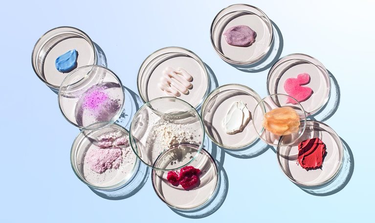Top view of numerous petri dishes with various cosmetics in them.