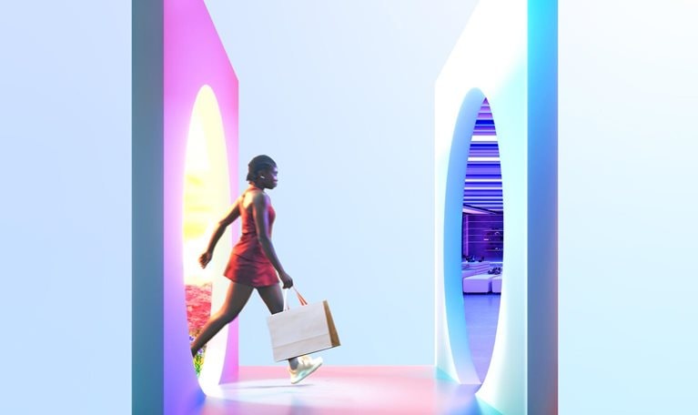 Conceptual image of a person carrying a shopping bag and walking from one circular portal, with a brightly colored outside scene visible inside it, towards another portal, this one containing a neon-lit futuristic store.