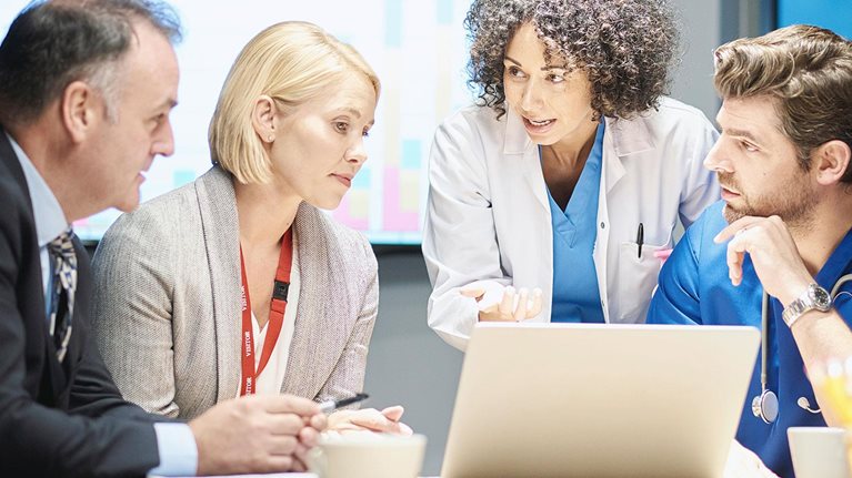 a mixed group of healthcare professional and business people meet around a conference table