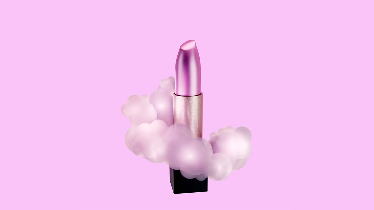 A pink lipstick tube with glowing clouds wrapping around it on a pink background.