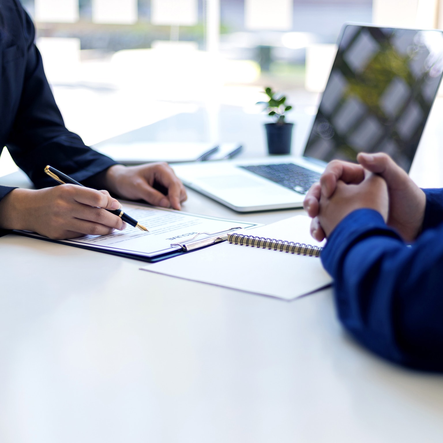 The manager is reading the resume and is interviewing the new employee. Negotiating business and signing a contract. Lawyer and legal advisor. - stock photo