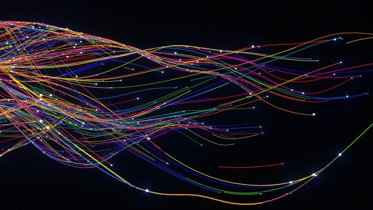 Digital generated image of abstract flowing data made out of numbers and glowing turbulent multi coloured splines on black background.
