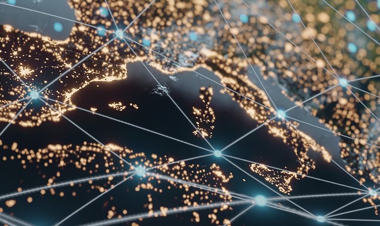 Planet earth at night showing global digital connections