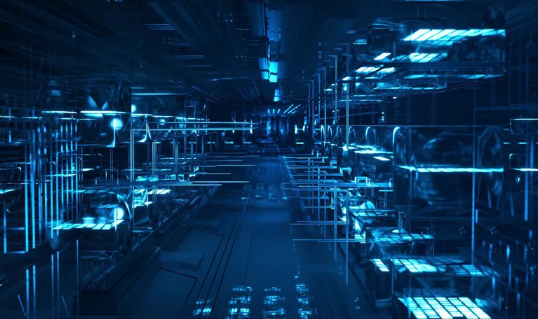 Futuristic server room tunnel on a dark background.