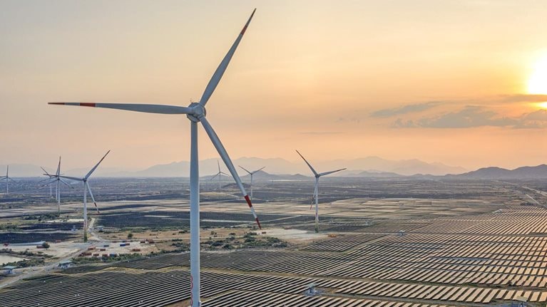 Aerial view of solar panels, photovoltaic arrays generating sustainable electricity.