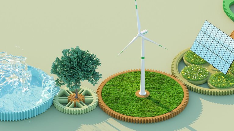 Illustration showing various sustainable energy sources in circular pattern.