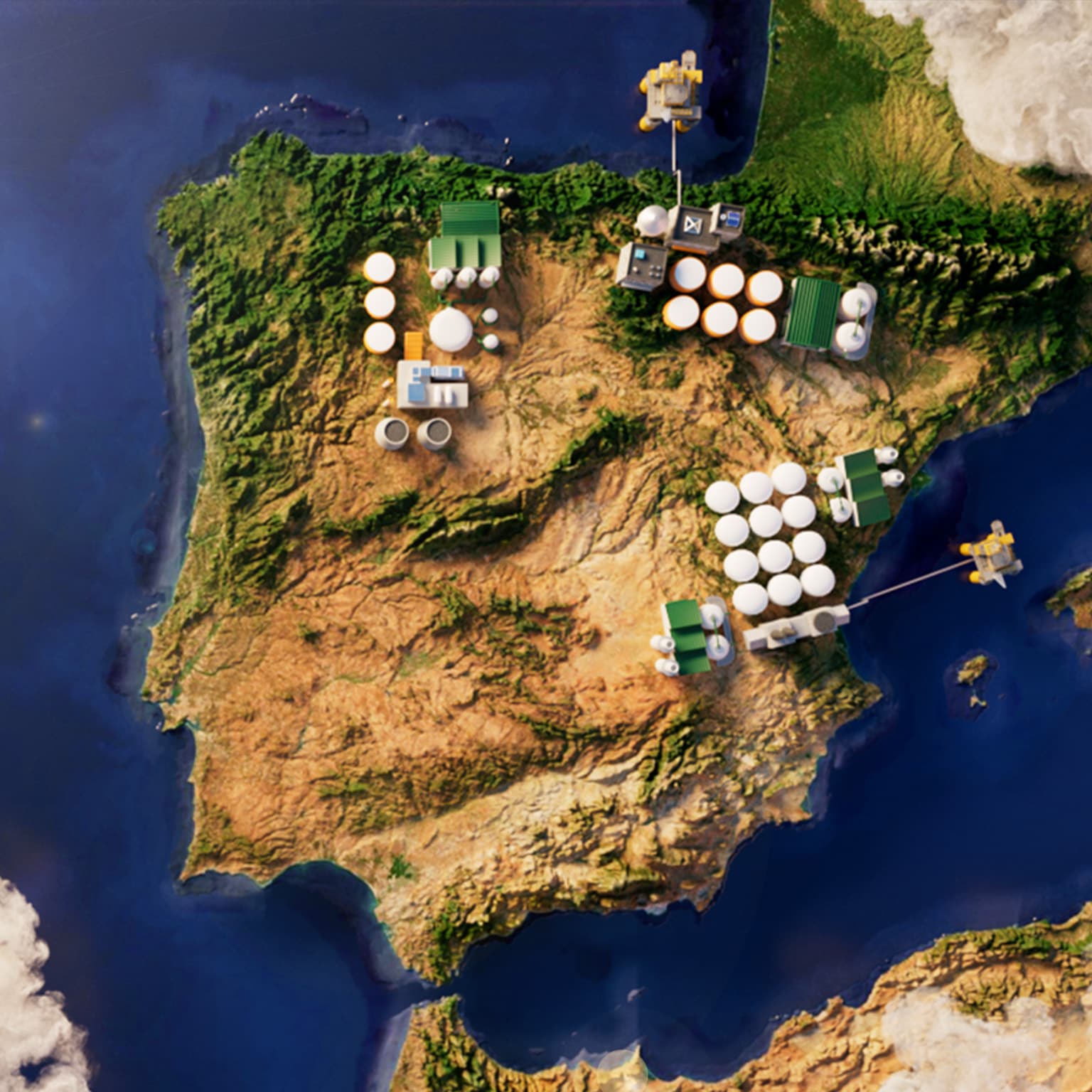 Aerial view of Iberian peninsula with carbon capture and storage facilities placed throughout