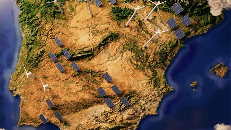 Map of Iberian peninsula with renewable energy options dotted across the land - illustration