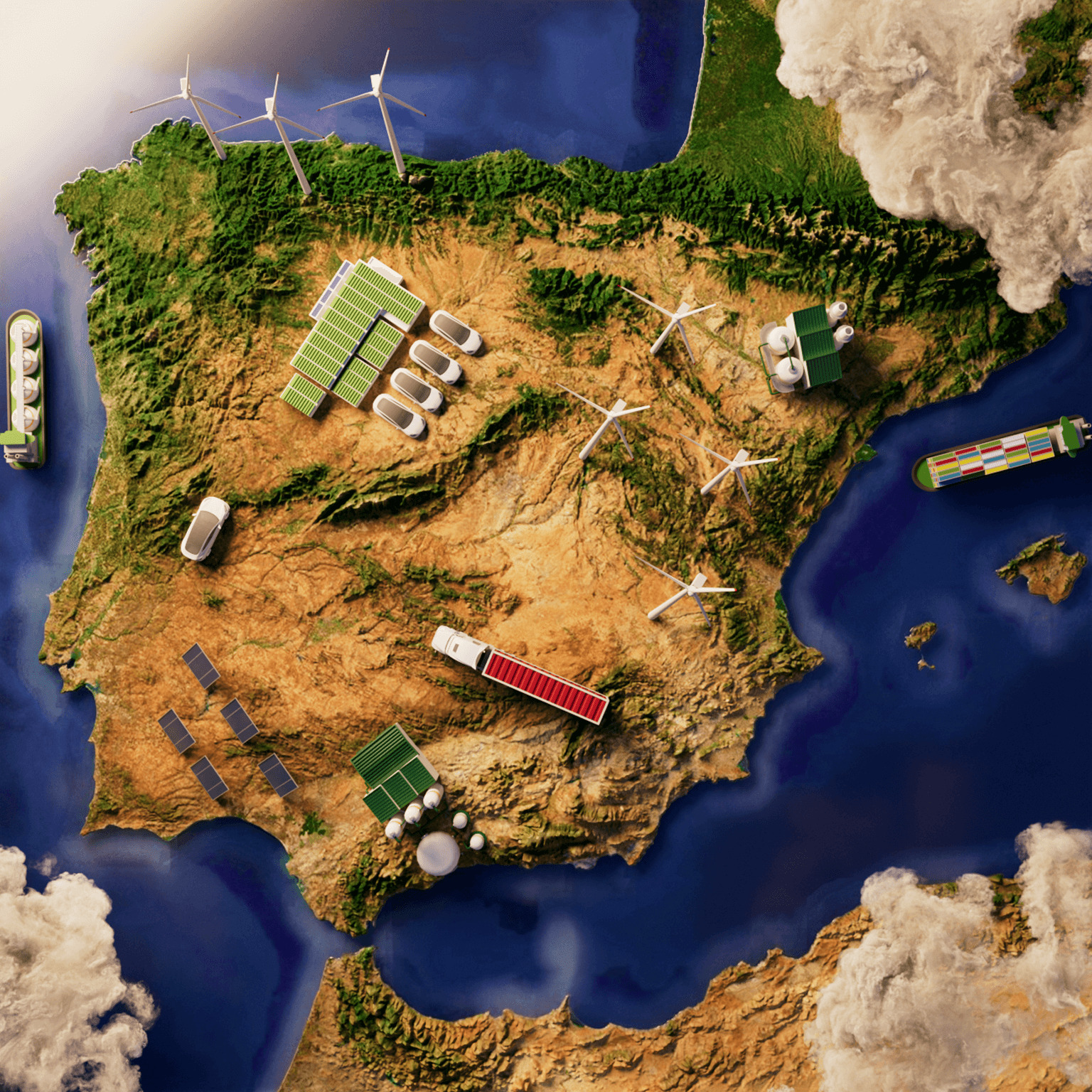Illustrated overhead map of Iberian peninsula with renewable energy options dotting the landscape.