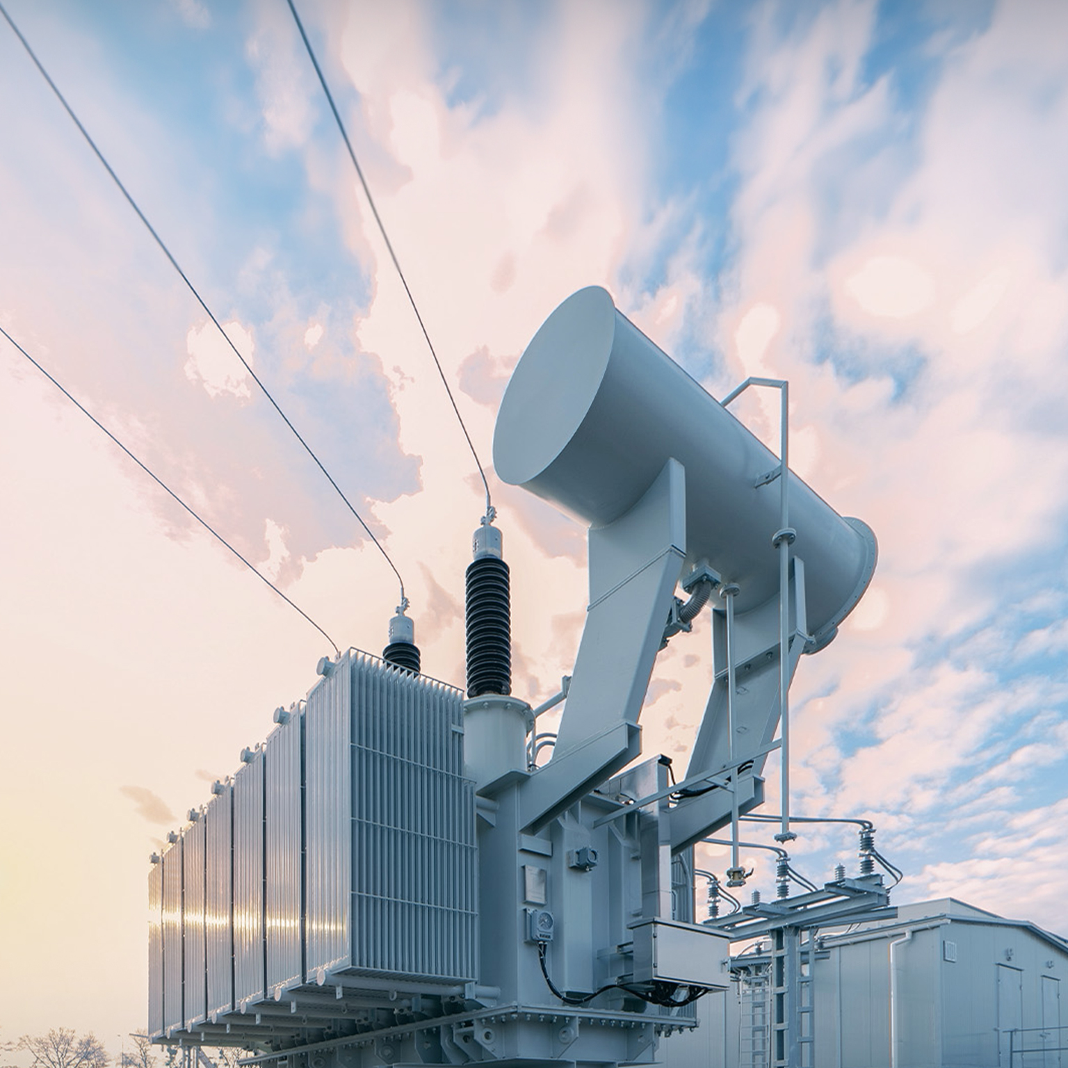  Modern new power station. The equipment used to raise or lower voltage, high voltage power station. Electrical Transformer