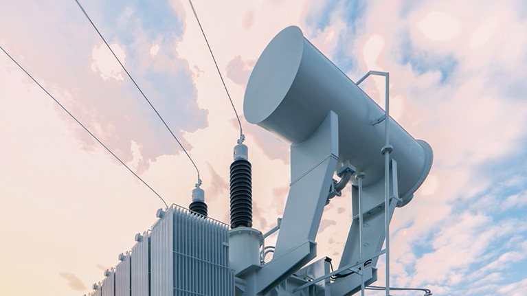 Modern new power station. The equipment used to raise or lower voltage, high voltage power station. Electrical Transformer
