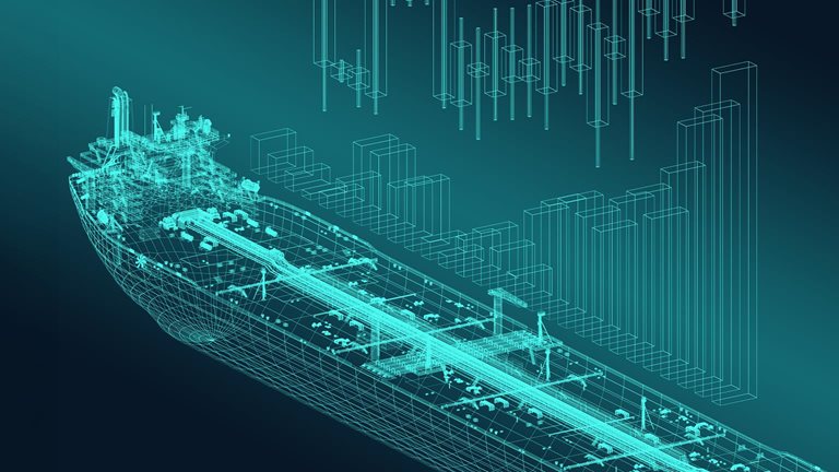 Ascending chart against the background of the tanker ship schematics.