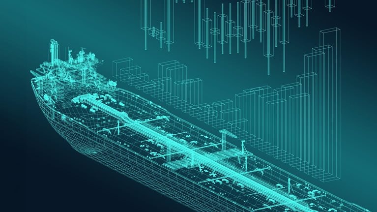 Ascending chart against the background of the tanker ship schematics.
