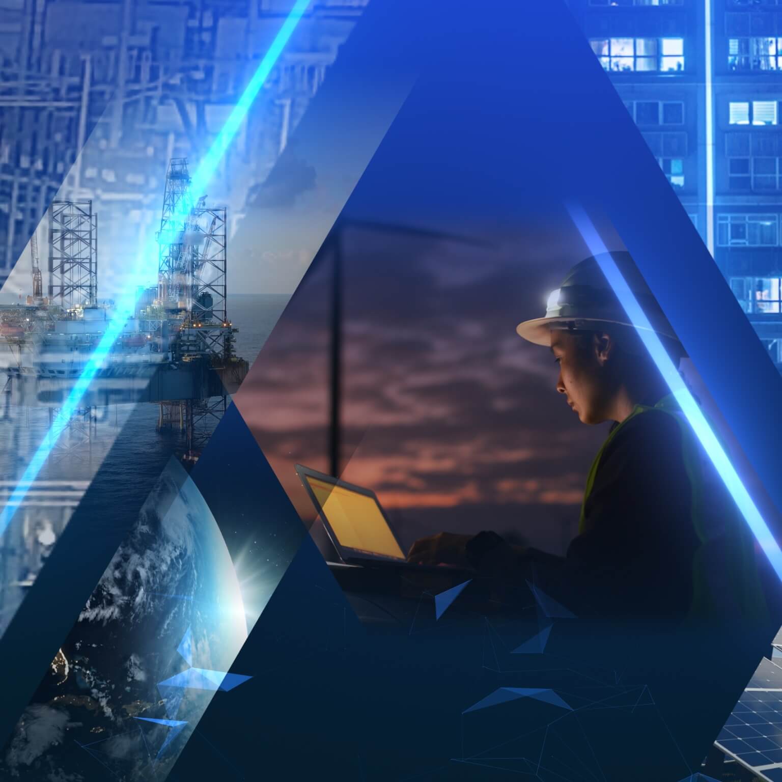 The image appears to be a digital graphic showing a worker in a hard hat using a laptop amidst technological and industrial overlays, representing concepts like industrial automation and digital transformation.