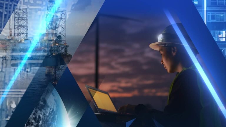 The image appears to be a digital graphic showing a worker in a hard hat using a laptop amidst technological and industrial overlays, representing concepts like industrial automation and digital transformation.