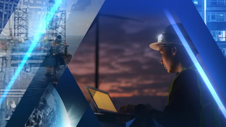 The image appears to be a digital graphic showing a worker in a hard hat using a laptop amidst technological and industrial overlays, representing concepts like industrial automation and digital transformation.