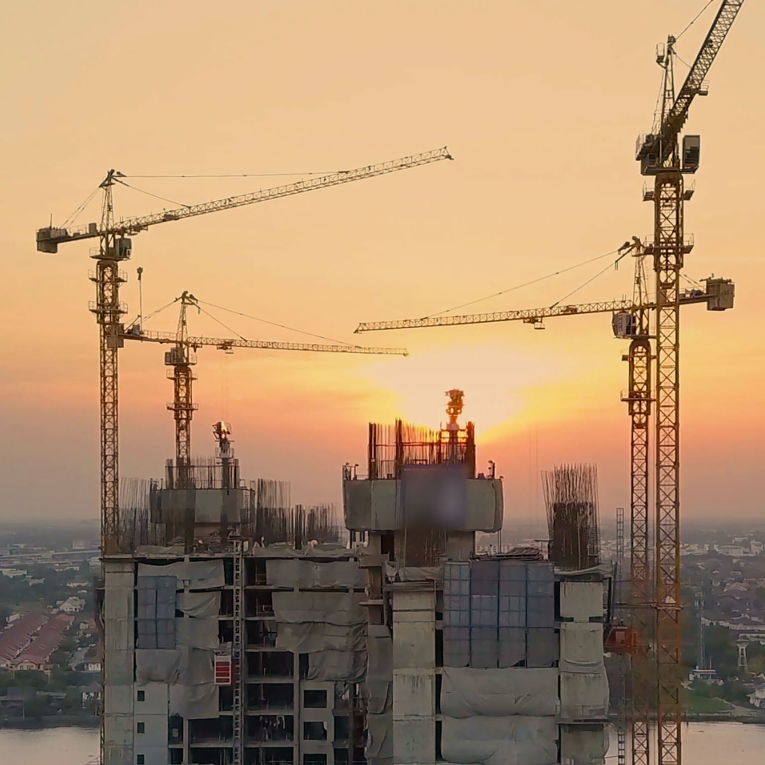 Aerial Sunset View shot of Construction Site