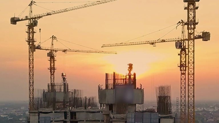 Aerial Sunset View shot of Construction Site