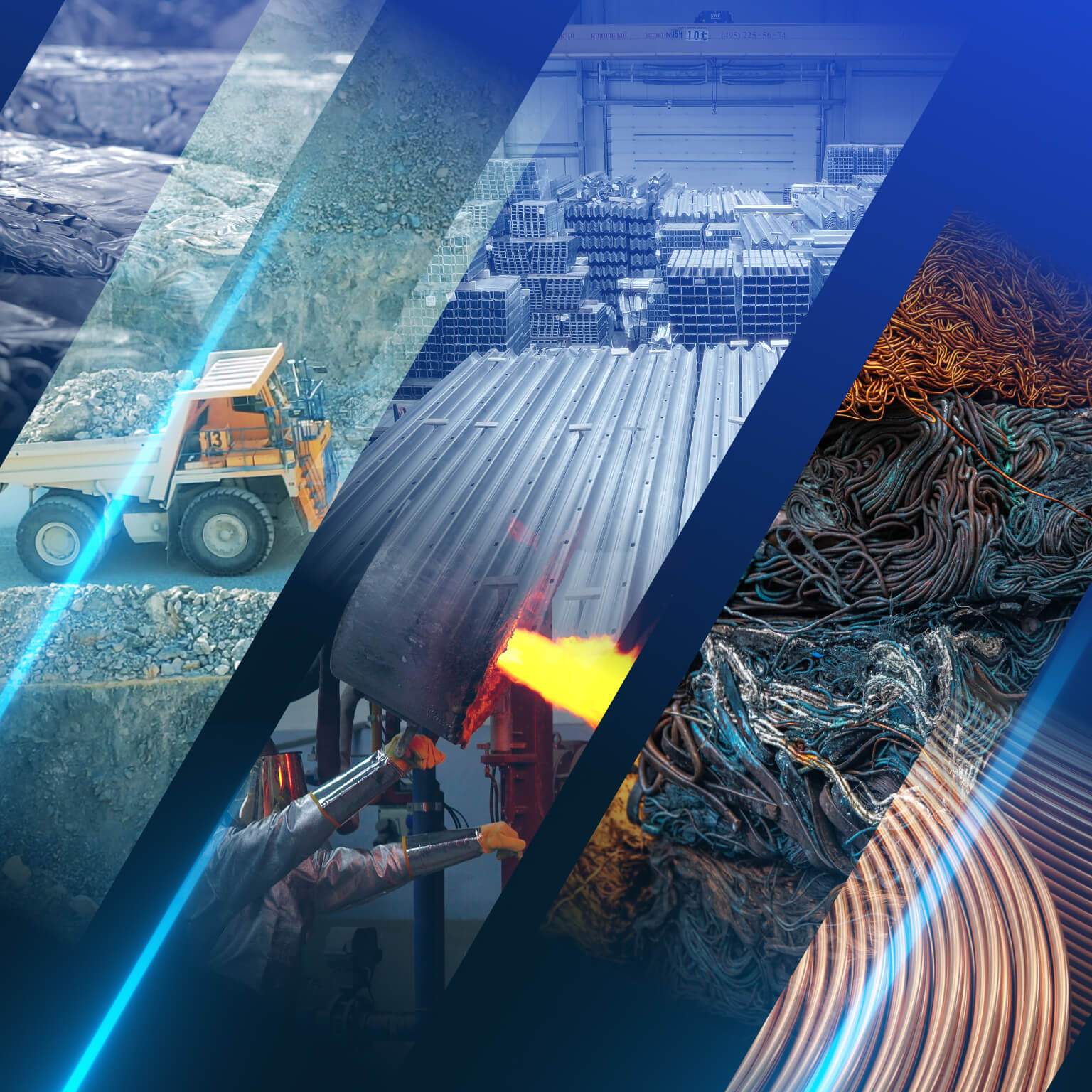 The image shows a collage representing the metals and materials lifecycle, covering extraction, processing, manufacturing, recycling, and finished metal products.