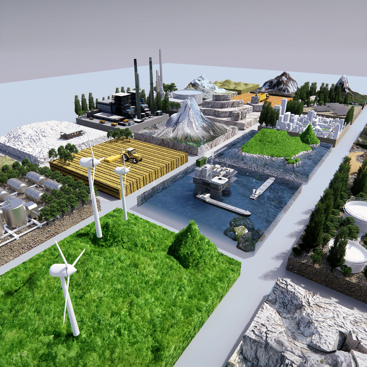 Island of Hydrogen of chemical materials factory. Solar power generation. Gas hydrogen station 3D Rendering wind turbine. Dam and waterfall or water in nature for production. City of power.