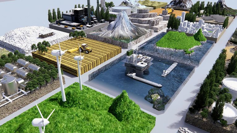 Island of Hydrogen of chemical materials factory. Solar power generation. Gas hydrogen station 3D Rendering wind turbine. Dam and waterfall or water in nature for production. City of power.