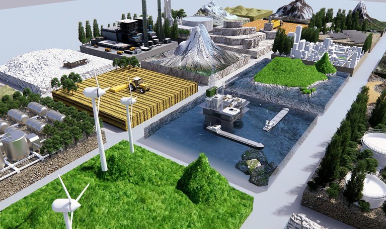Island of Hydrogen of chemical materials factory. Solar power generation. Gas hydrogen station 3D Rendering wind turbine. Dam and waterfall or water in nature for production. City of power.