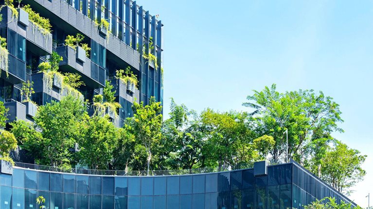 Modern green building with innovative high rise garden