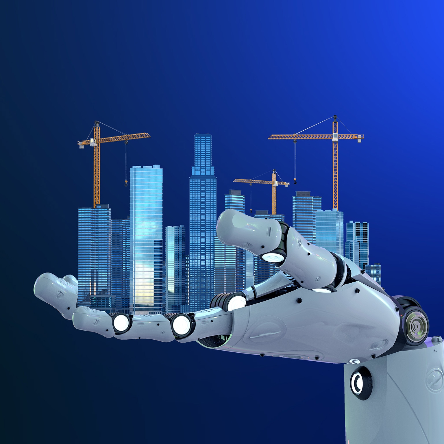 3d rendering of a humanoid robot hand holding a modern cityscape with construction scaffolding