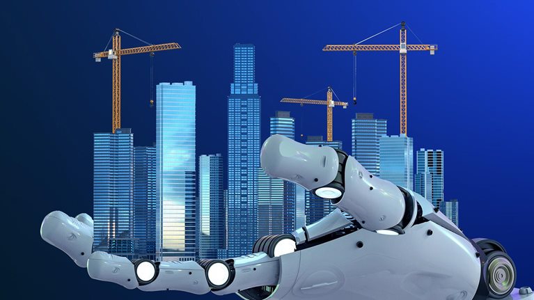 3d rendering of a humanoid robot hand holding a modern cityscape with construction scaffolding