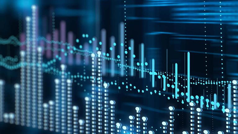 Abstract digital background with glowing graphs, bar charts, and data flow streams. Represents big data, financial analytics, artificial intelligence, blockchain, stock market, and machine learning.