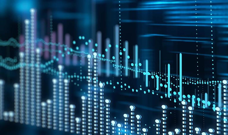 Abstract digital background with glowing graphs, bar charts, and data flow streams. Represents big data, financial analytics, artificial intelligence, blockchain, stock market, and machine learning.
