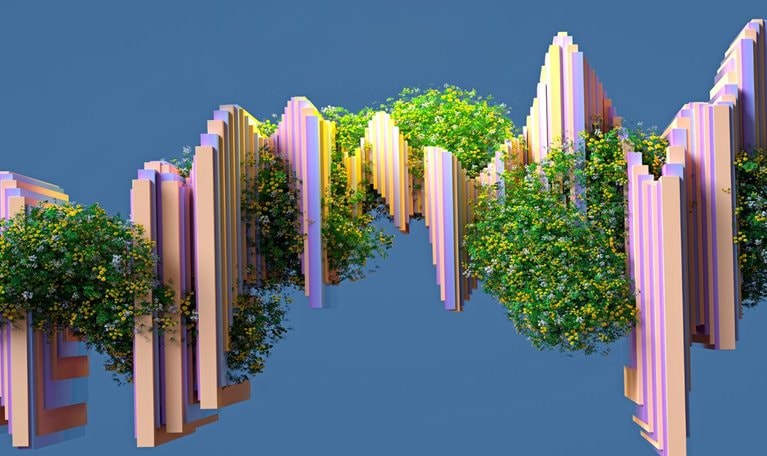 3D image of flowers and greenery growing around an abstract multi layered diagram against a grey-blue background.