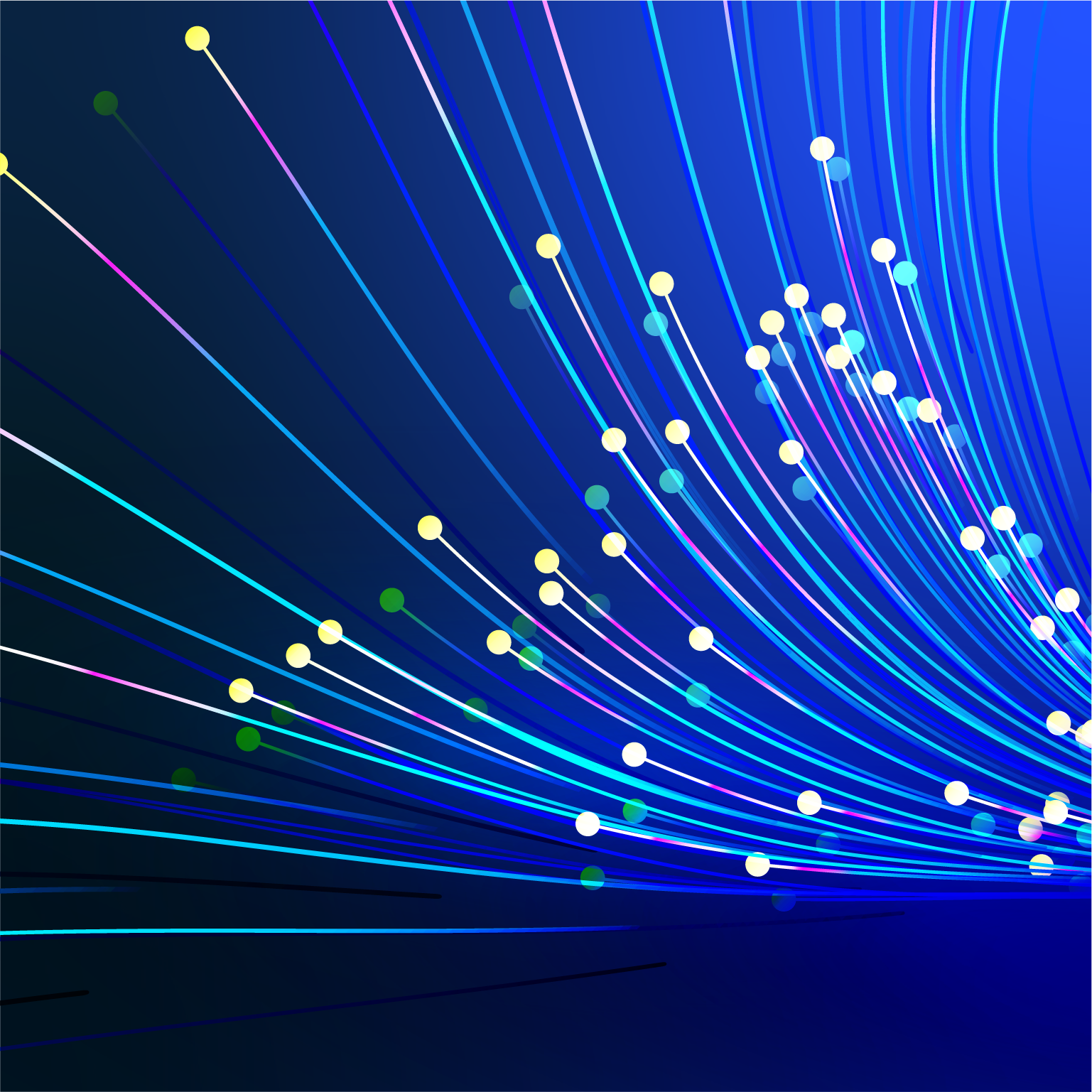 The image shows an abstract digital illustration of fiber optic cables with glowing light pulses and data streams against a dark blue background.