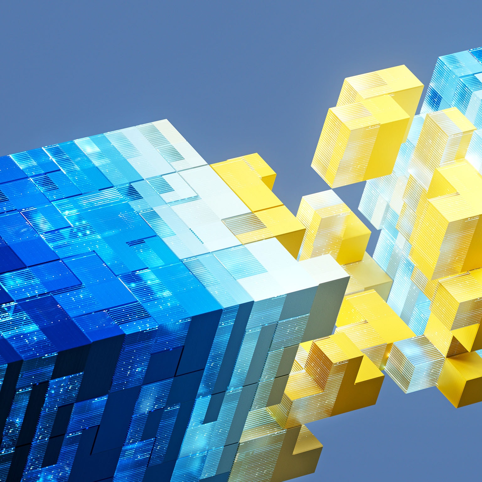 3D illustration of bold blue and yellow digital cubes converging