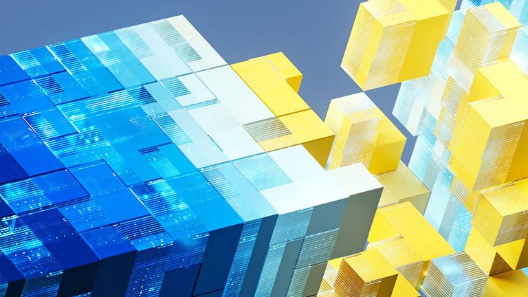 3D illustration of bold blue and yellow digital cubes converging