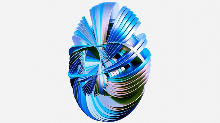 A complex abstract 3D shape made of layered, curved forms arranged into a spherical structure. It is rendered in shades of blue, teal, and hints of green and purple, set against a clean, light background.