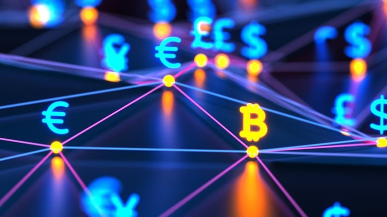Futuristic digital nodes background with money signs. Blockchain connections technology and digital network. Bitcoin, dollar, euro, pound and yen signs glowing on the connection dots background. Security money concept.