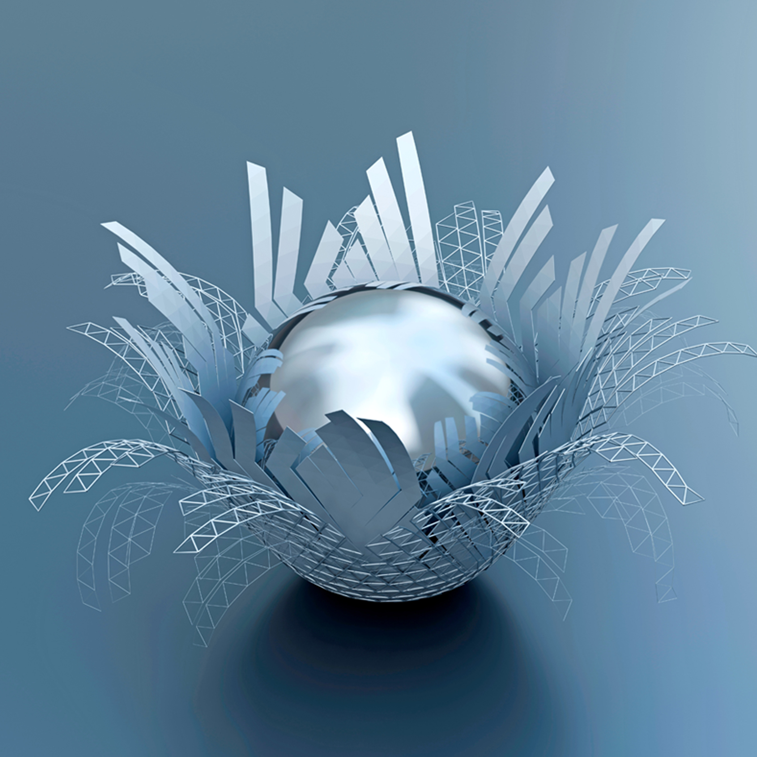 A metallic sphere bursting with sharp abstract petals in a dynamic development