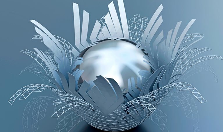 A metallic sphere bursting with sharp abstract petals in a dynamic development