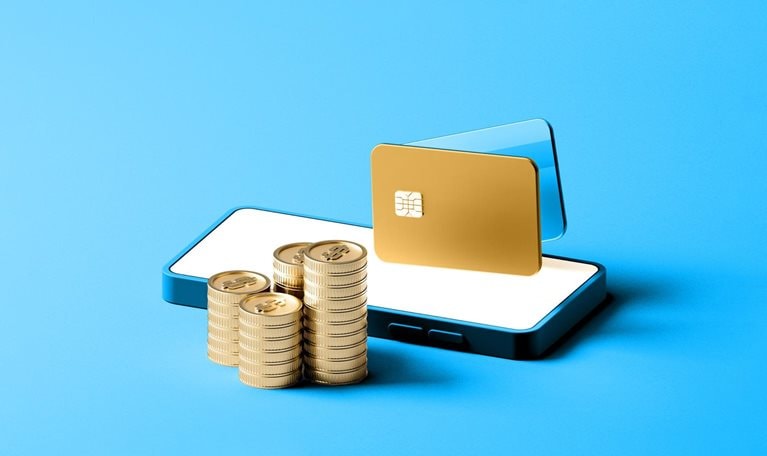 A digital rendering of a smartphone displaying a golden credit card and stacks of golden coins, all against a light blue background.