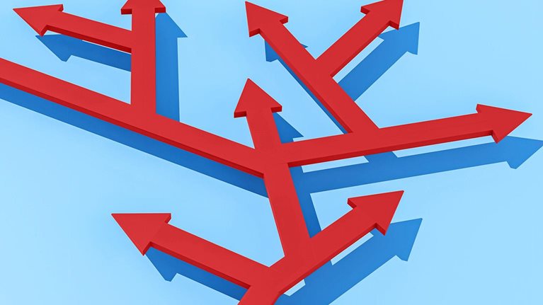 Computer generated image of red arrows pointing in different directions.