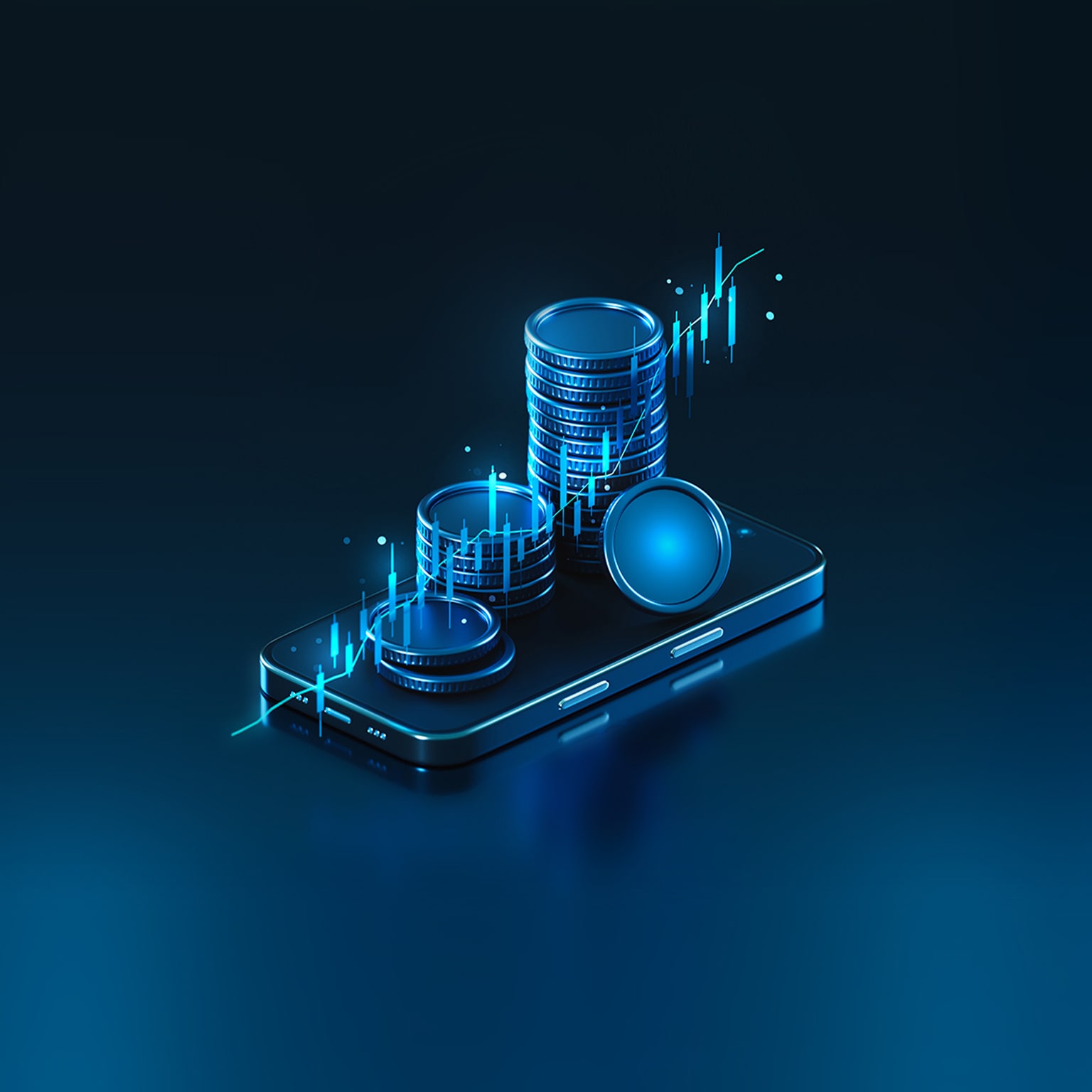 This image depicts a conceptual illustration of digital assets and mobile banking, featuring glowing 3D coins stacked on a smartphone screen.