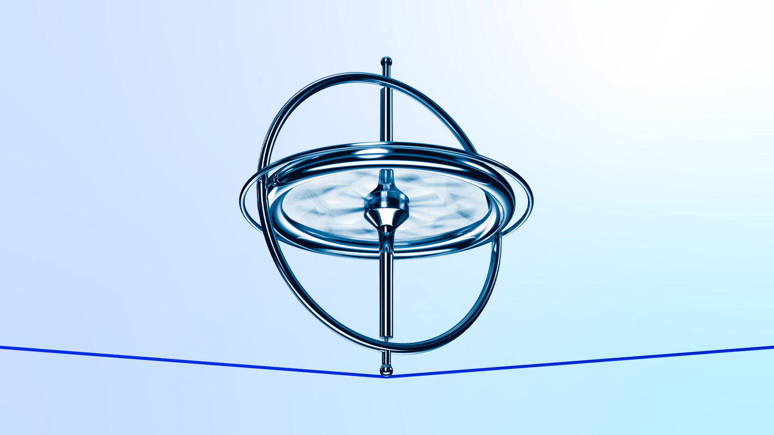 A metallic gyroscope spins on a thin red tread which bends slightly from the weight. The scene is set against a soft blue and white gradient background.