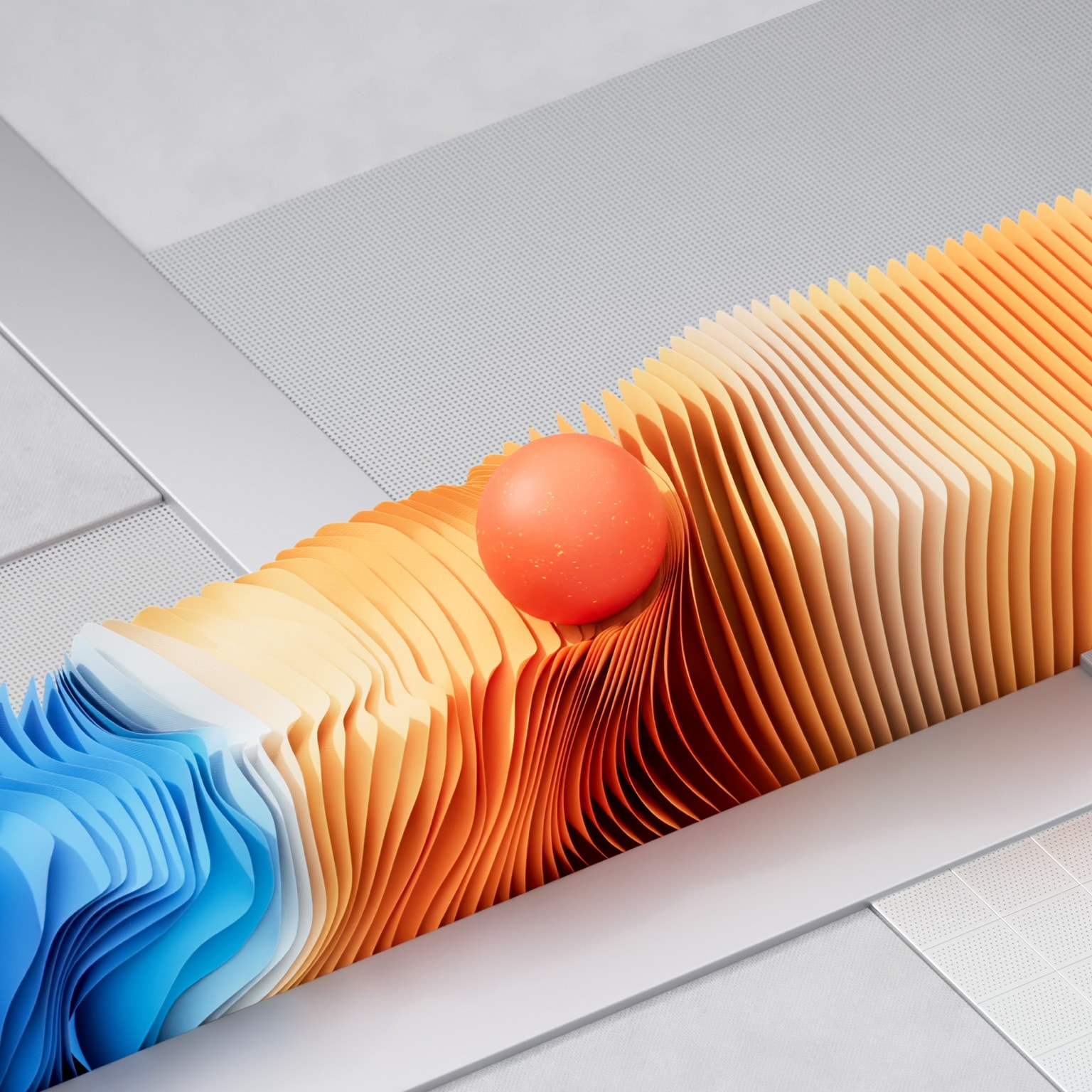 A lively line of closely placed slender squares forms a spectrum of hues, shifting from gentle shades of blue on the left to fiery oranges on the right. As a red ball glides across the squares, it generates a rippling effect in its path. When the ball exits the scene, all the squares transform into a consistent blue color.