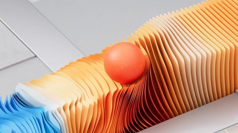 A lively line of closely placed slender squares forms a spectrum of hues, shifting from gentle shades of blue on the left to fiery oranges on the right. As a red ball glides across the squares, it generates a rippling effect in its path. When the ball exits the scene, all the squares transform into a consistent blue color.