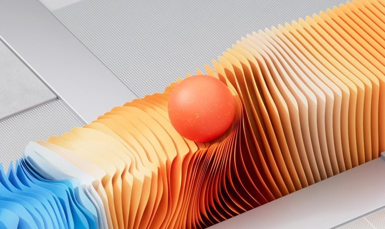 A lively line of closely placed slender squares forms a spectrum of hues, shifting from gentle shades of blue on the left to fiery oranges on the right. As a red ball glides across the squares, it generates a rippling effect in its path. When the ball exits the scene, all the squares transform into a consistent blue color.