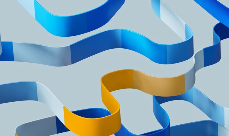 Five rows of flat squares in shades of blue and orange, come together to form long, flowing, ribbon-like formations.