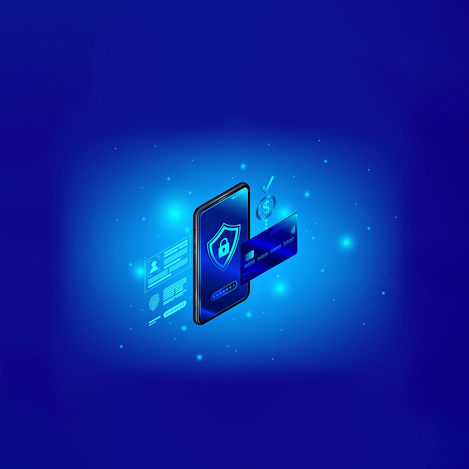A blue-lit digital illustration showing a smartphone with a shield icon on its screen. Next to the phone is a credit card, a dollar sign, and other symbols suggesting secure payment systems.